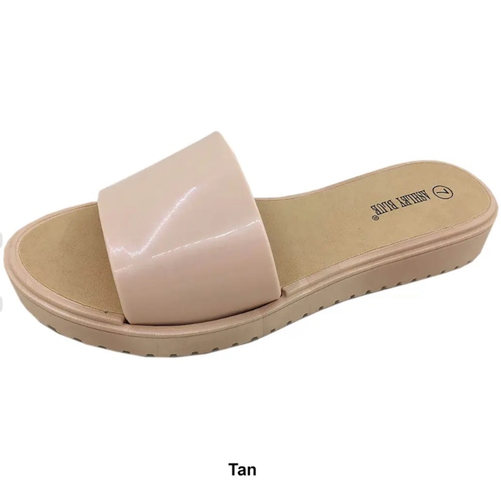 Ashley Blue tan slipon flat flip-flop sandals